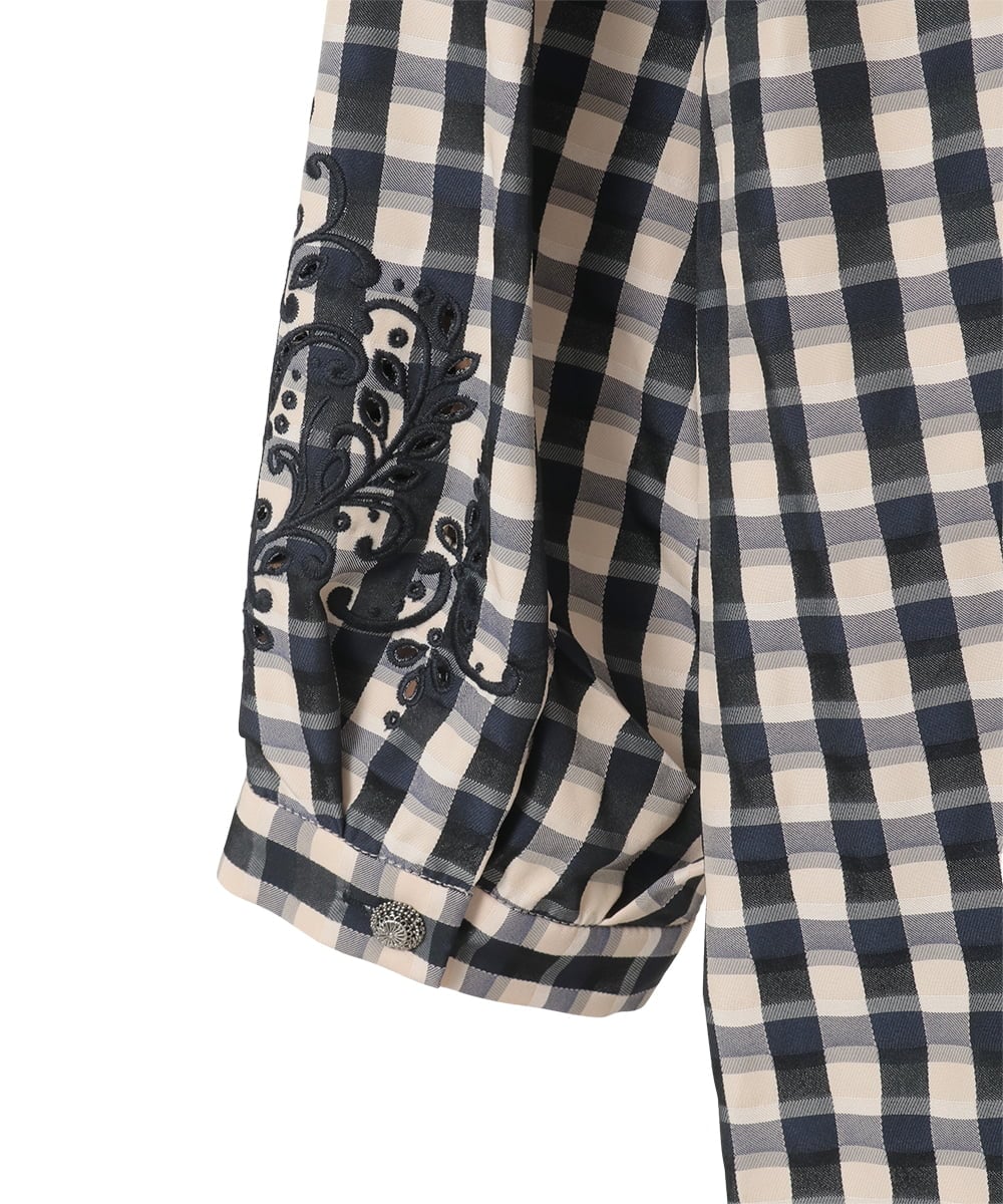 PYBGE09490 CHRISTIAN AUJARD(小さいサイズ)(メゾン ドゥ サンク) [セットアップ対応]シャンブレーチェックブラウス オレンジ×ネイビー系