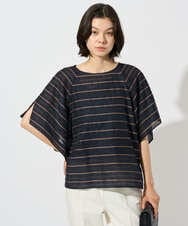 PYBHE28360 CHRISTIAN AUJARD(小さいサイズ)(メゾン ドゥ サンク) [セットアップ対応]カラミメッシュボーダーブラウス ネイビー