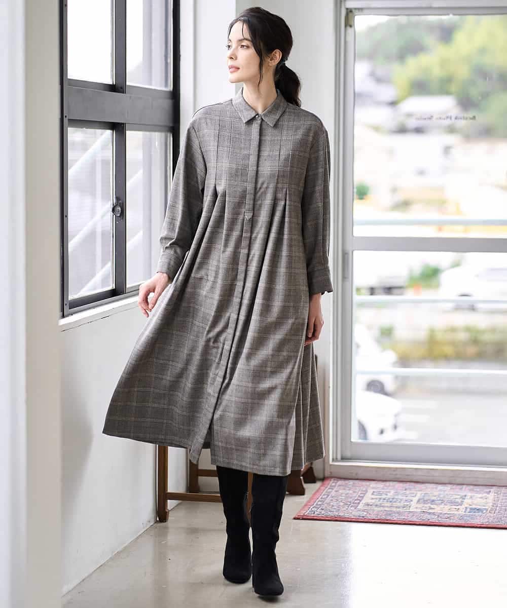 PYEAD31720 CHRISTIAN AUJARD(小さいサイズ)(メゾン ドゥ サンク) グレンチェックワンピース ブラウン系