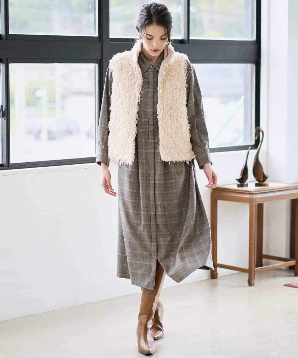 PYEAD31720 CHRISTIAN AUJARD(小さいサイズ)(メゾン ドゥ サンク) グレンチェックワンピース ブラウン系