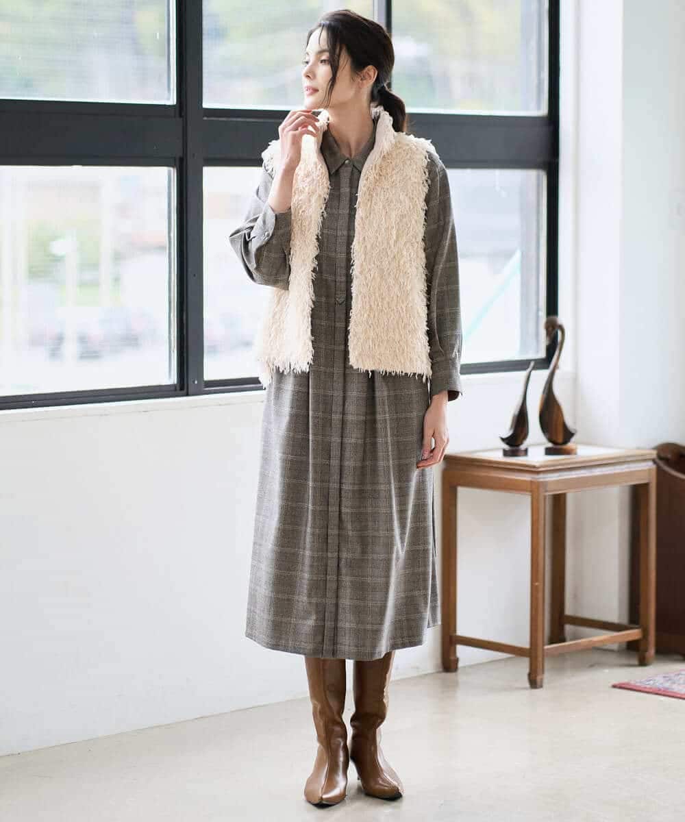 PYEAD31720 CHRISTIAN AUJARD(小さいサイズ)(メゾン ドゥ サンク) グレンチェックワンピース ブラウン系