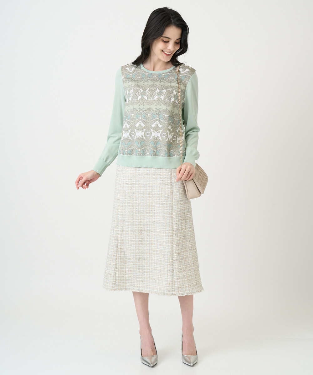 PYFEE03390 CHRISTIAN AUJARD(小さいサイズ)(メゾン ドゥ サンク) [アンサンブル対応]レーシーオーナメントプリントトップス グリーン系