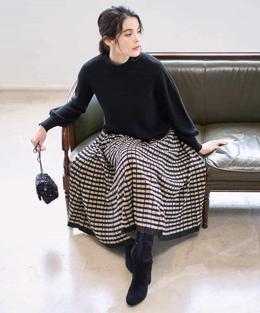 PYHAD36490 CHRISTIAN AUJARD(小さいサイズ)(メゾン ドゥ サンク) ジャガードニットスカート ブラック×ベージュ