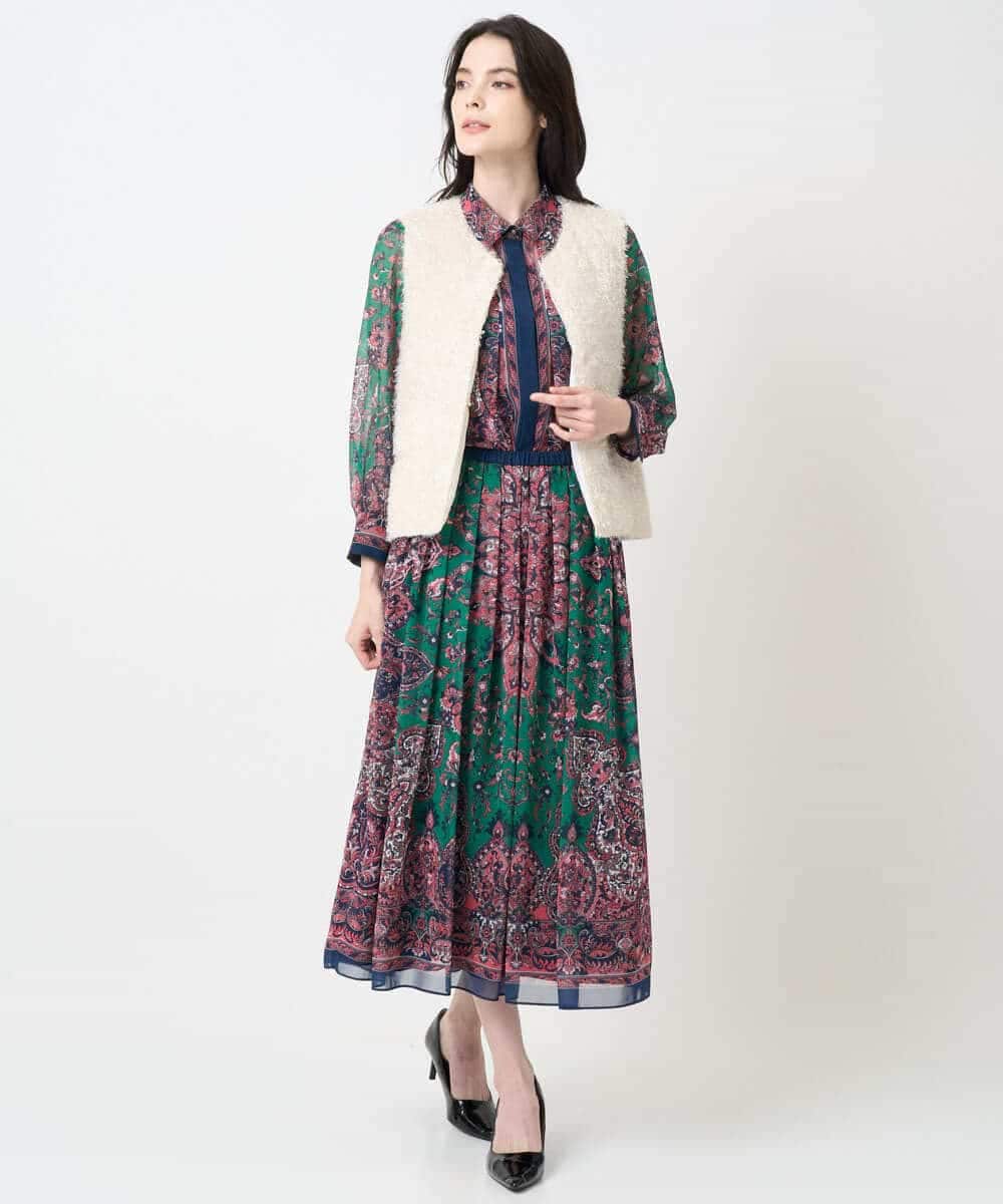 PYHAE02690 CHRISTIAN AUJARD(小さいサイズ)(メゾン ドゥ サンク) [セットアップ対応]RATTIペイズリープリントスカート ピンク×ネイビー系