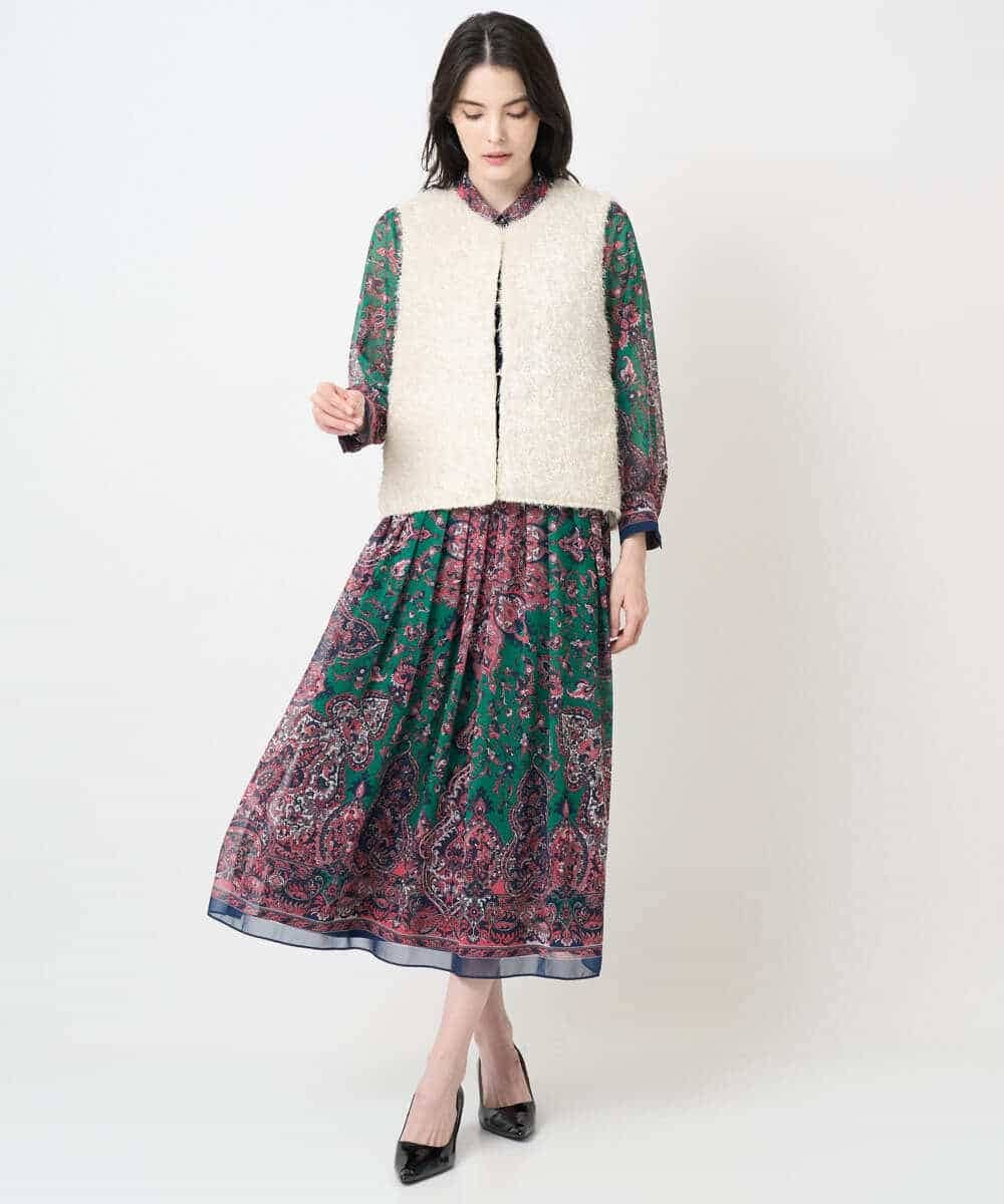 PYHAE02690 CHRISTIAN AUJARD(小さいサイズ)(メゾン ドゥ サンク) [セットアップ対応]RATTIペイズリープリントスカート ピンク×ネイビー系