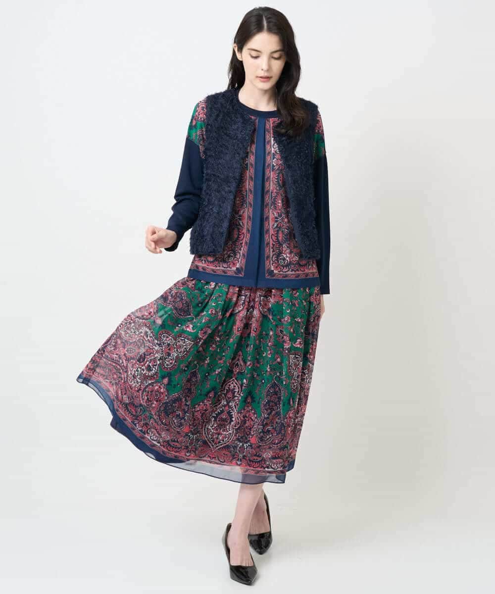 PYHAE02690 CHRISTIAN AUJARD(小さいサイズ)(メゾン ドゥ サンク) [セットアップ対応]RATTIペイズリープリントスカート ピンク×ネイビー系