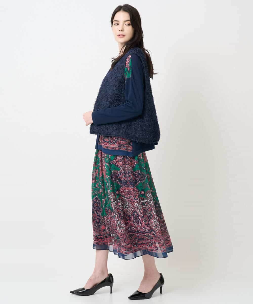 PYHAE02690 CHRISTIAN AUJARD(小さいサイズ)(メゾン ドゥ サンク) [セットアップ対応]RATTIペイズリープリントスカート ピンク×ネイビー系