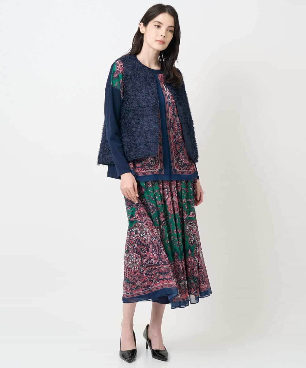 PYHAE02690 CHRISTIAN AUJARD(小さいサイズ)(メゾン ドゥ サンク) [セットアップ対応]RATTIペイズリープリントスカート ピンク×ネイビー系