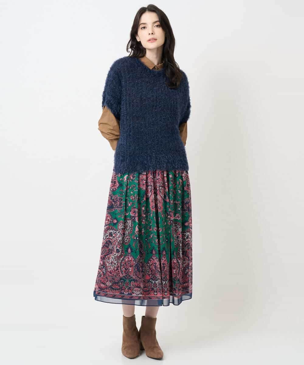 PYHAE02690 CHRISTIAN AUJARD(小さいサイズ)(メゾン ドゥ サンク) [セットアップ対応]RATTIペイズリープリントスカート ピンク×ネイビー系