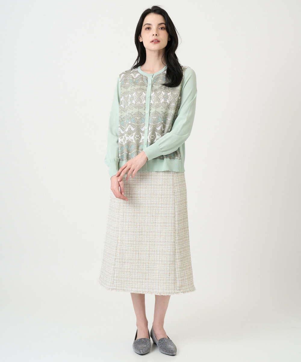 PYSEE03490 CHRISTIAN AUJARD(小さいサイズ)(メゾン ドゥ サンク) [アンサンブル対応]レーシーオーナメントプリントカーディガン グリーン