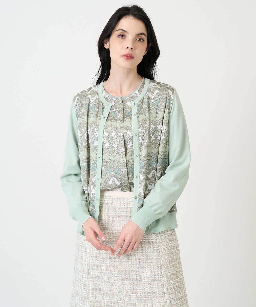 PYSEE03490 CHRISTIAN AUJARD(小さいサイズ)(メゾン ドゥ サンク) [アンサンブル対応]レーシーオーナメントプリントカーディガン グリーン