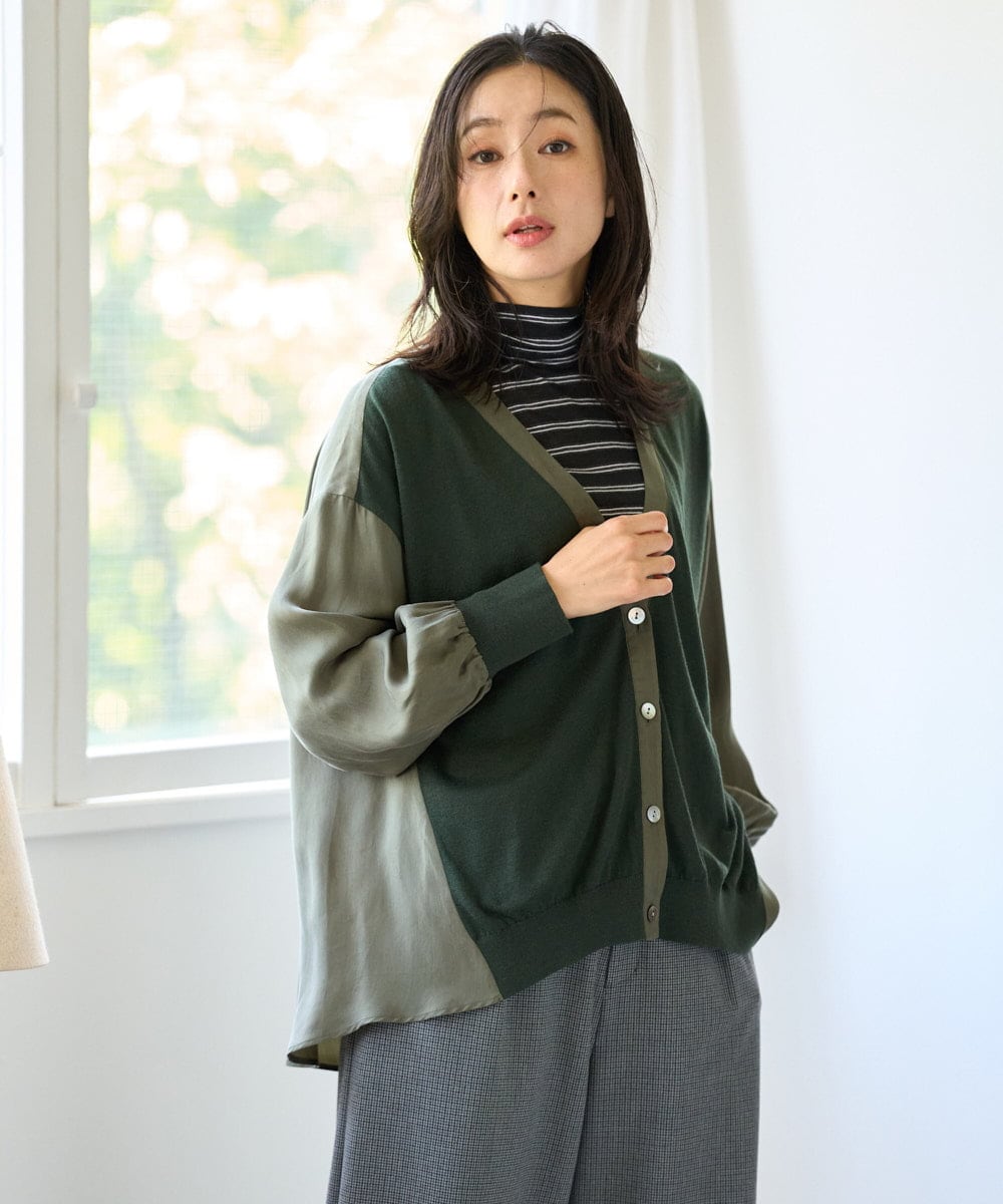 PZBAH05290 GEORGES RECH(ジョルジュ・レッシュ) 異素材コンビVネックカーディガン カーキ