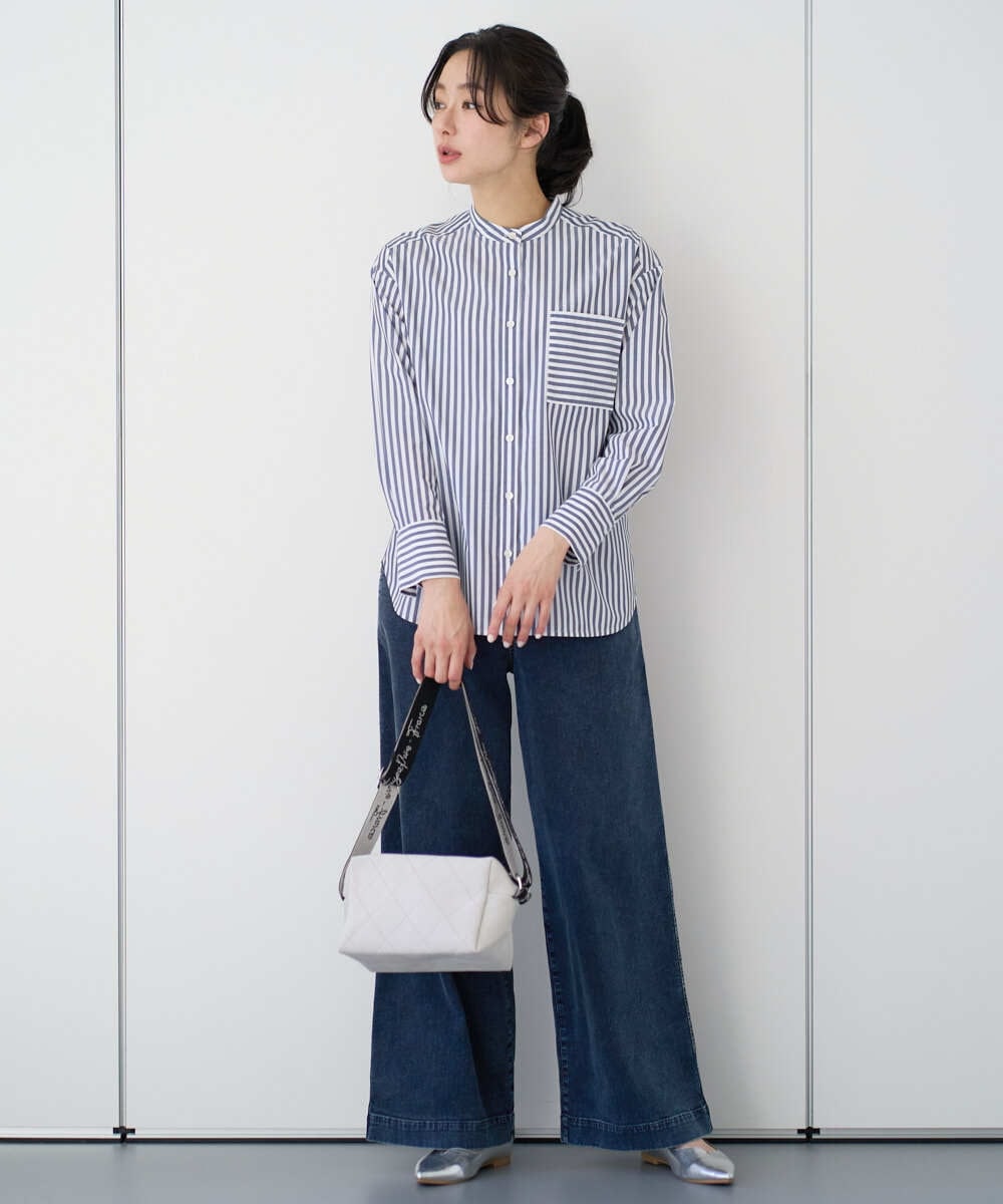 PZBEE05230 GEORGES RECH(ジョルジュ・レッシュ) [日本製]バンドカラーシャツ ネイビー(ストライプ柄)