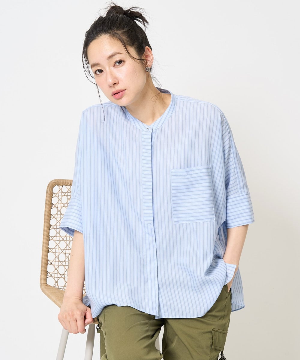 PZBGA35270 GEORGES RECH(ジョルジュ・レッシュ)  [日本製]バンドカラードルマンスリーブブラウス ネイビー系