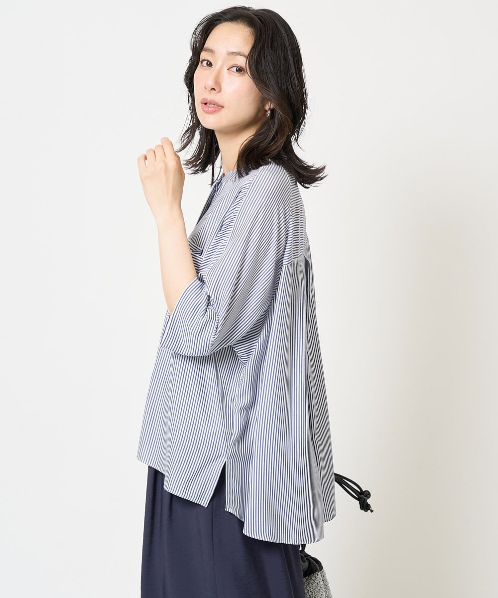 PZBGA35270 GEORGES RECH(ジョルジュ・レッシュ)  [日本製]バンドカラードルマンスリーブブラウス ネイビー系