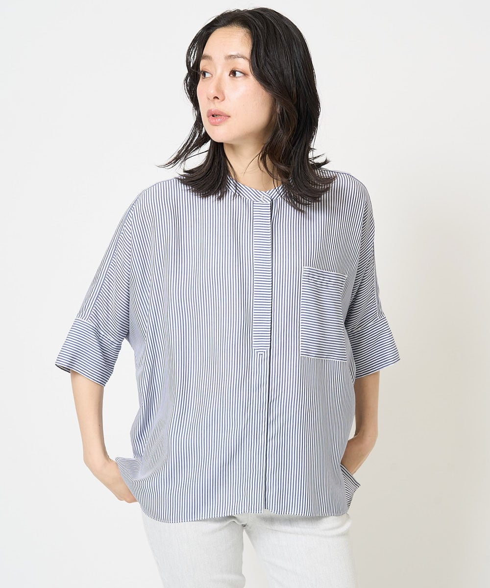 PZBGA35270 GEORGES RECH(ジョルジュ・レッシュ)  [日本製]バンドカラードルマンスリーブブラウス ネイビー系