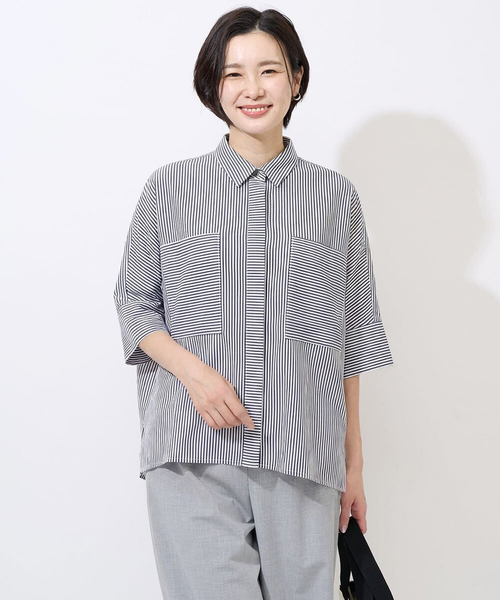 PZBGD04270 GEORGES RECH(ジョルジュ・レッシュ) バンドカラードルマンスリーブブラウス ネイビー