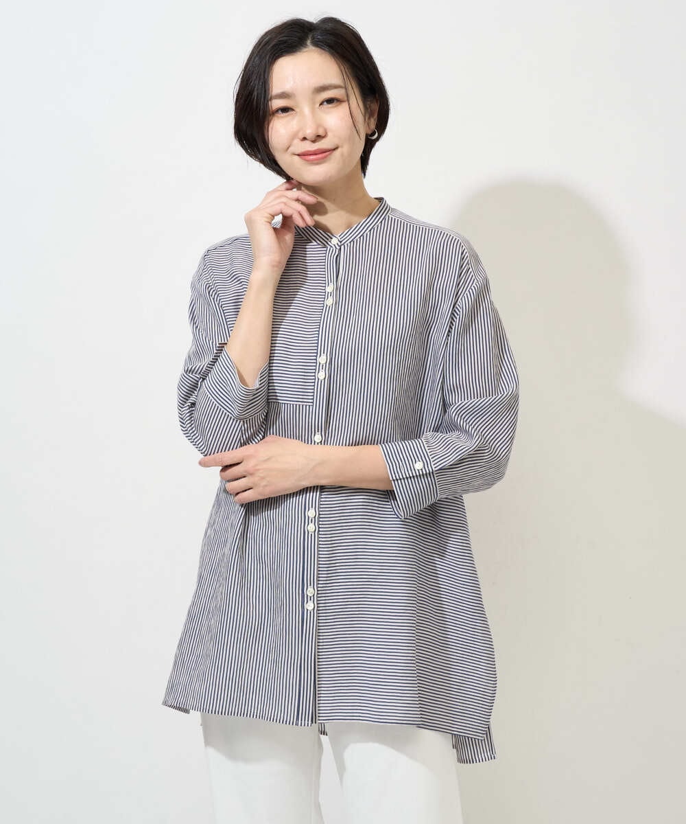 PZBGD05270 GEORGES RECH(ジョルジュ・レッシュ) バンドカラードルマンスリーブロングブラウス ネイビー