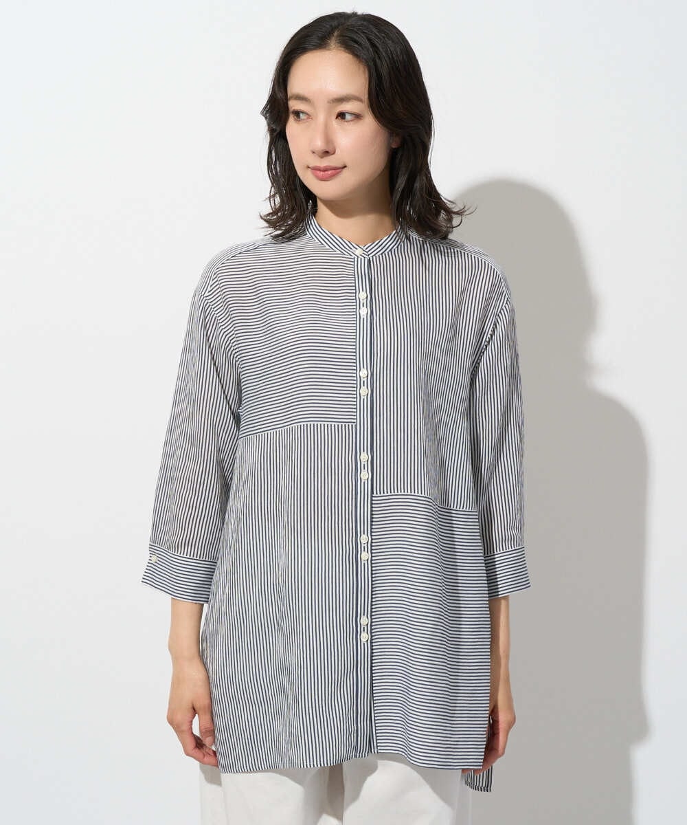 PZBGD05270 GEORGES RECH(ジョルジュ・レッシュ) バンドカラードルマンスリーブロングブラウス ネイビー