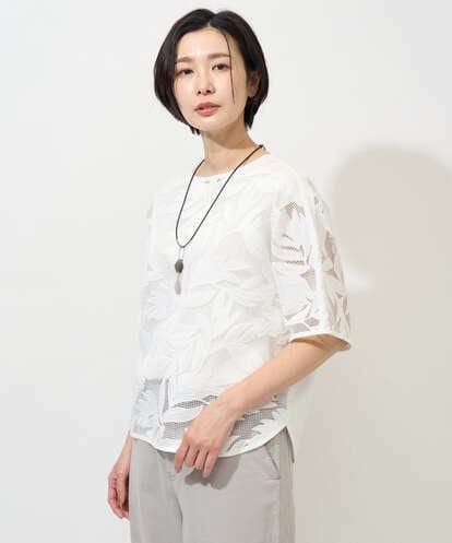 PZBGD37290 GEORGES RECH メッシュアップリケドルマンスリーブブラウス