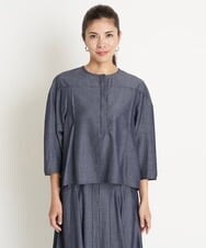 PZBGS25290 GEORGES RECH(ジョルジュ・レッシュ)  [セットアップ対応]ナチュラルシャンブレー6分袖ブラウス ネイビー