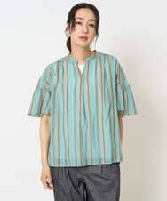 PZBHA68250 GEORGES RECH(ジョルジュ・レッシュ) [接触冷感]ランダムストライプフレアスリーブブラウス グリーン系