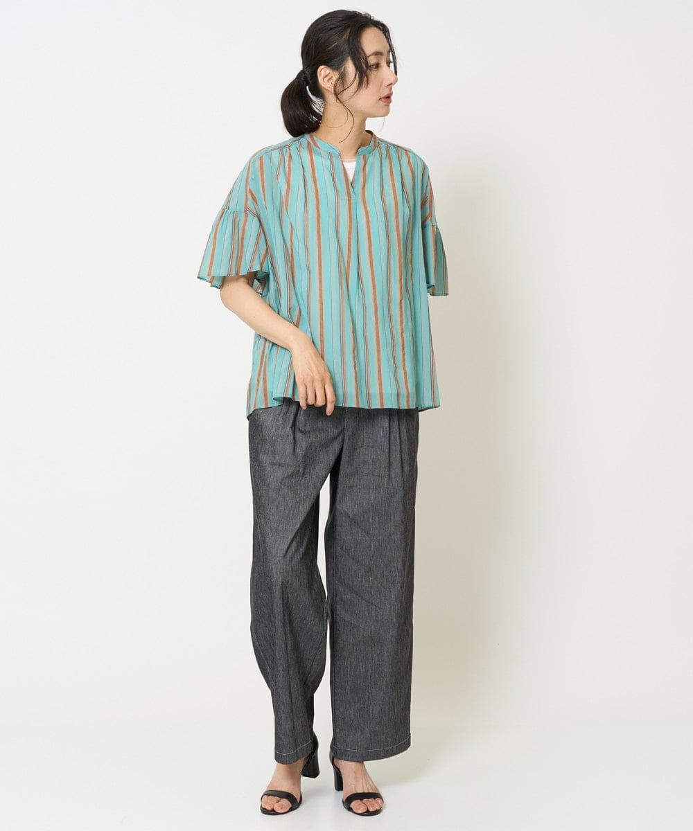 PZBHA68250 GEORGES RECH(ジョルジュ・レッシュ) [接触冷感]ランダムストライプフレアスリーブブラウス グリーン系