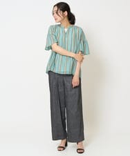 PZBHA68250 GEORGES RECH(ジョルジュ・レッシュ) [接触冷感]ランダムストライプフレアスリーブブラウス グリーン系