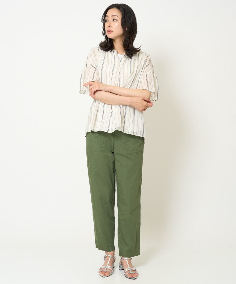 PZBHA68250 GEORGES RECH(ジョルジュ・レッシュ) [接触冷感]ランダムストライプフレアスリーブブラウス グリーン系