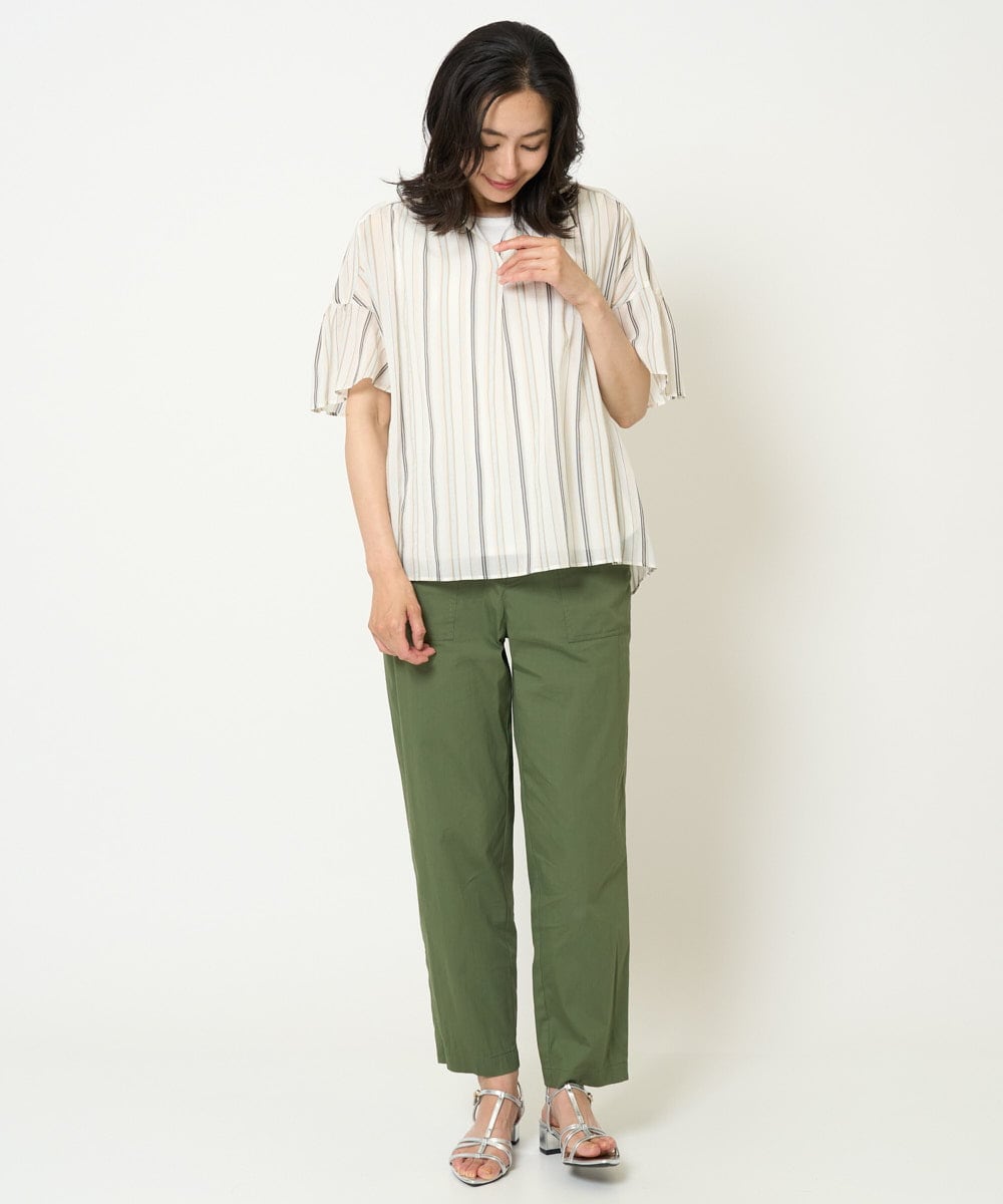 PZBHA68250 GEORGES RECH(ジョルジュ・レッシュ) [接触冷感]ランダムストライプフレアスリーブブラウス グリーン系