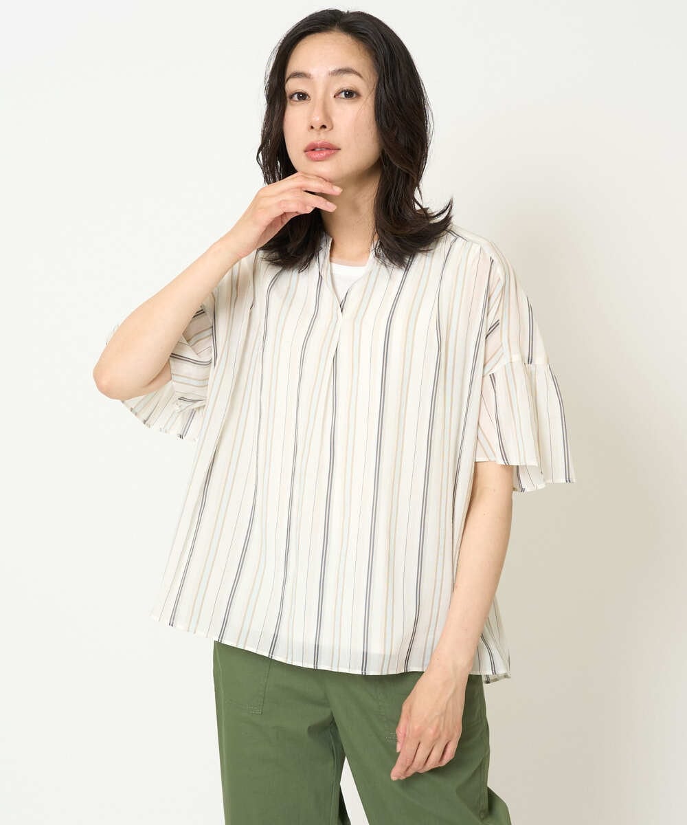 PZBHA68250 GEORGES RECH(ジョルジュ・レッシュ) [接触冷感]ランダムストライプフレアスリーブブラウス グリーン系