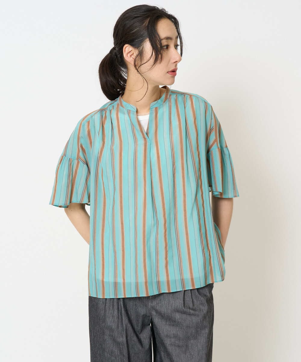 PZBHA68250 GEORGES RECH(ジョルジュ・レッシュ) [接触冷感]ランダムストライプフレアスリーブブラウス グリーン系