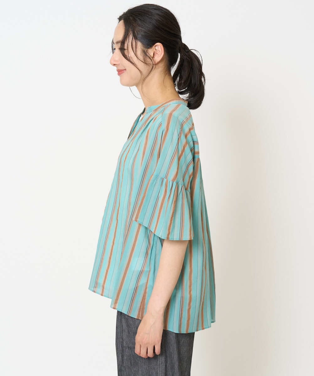 PZBHA68250 GEORGES RECH(ジョルジュ・レッシュ) [接触冷感]ランダムストライプフレアスリーブブラウス グリーン系