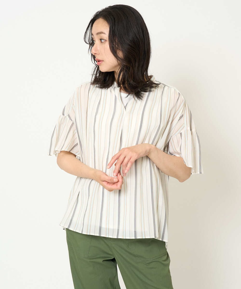 PZBHA68250 GEORGES RECH [接触冷感]ランダムストライプフレアスリーブブラウス