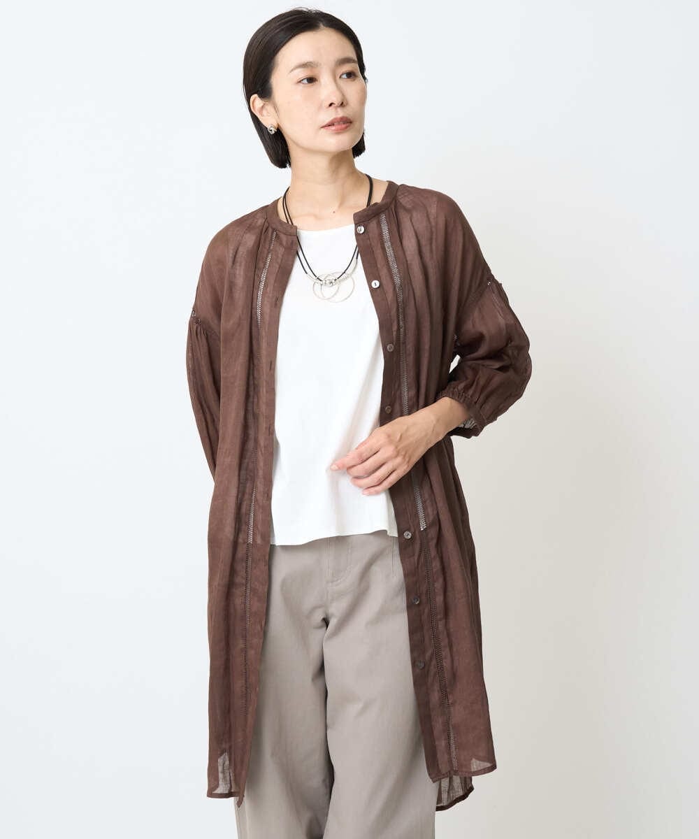 PZBHB02290 GEORGES RECH(ジョルジュ・レッシュ) ラミーハシゴレース7分袖チュニックブラウス ブラウン