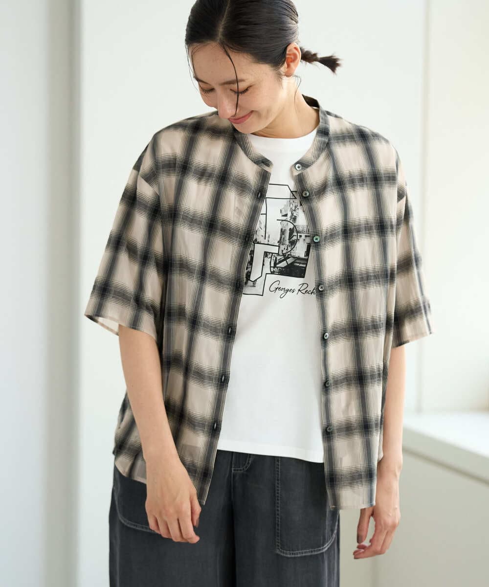 PZBHE63250 GEORGES RECH(ジョルジュ・レッシュ) シアーチェックバンドカラーブラウス アイボリー系