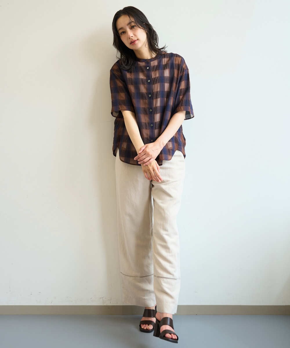 PZBHE63250 GEORGES RECH(ジョルジュ・レッシュ) シアーチェックバンドカラーブラウス ブラウン系