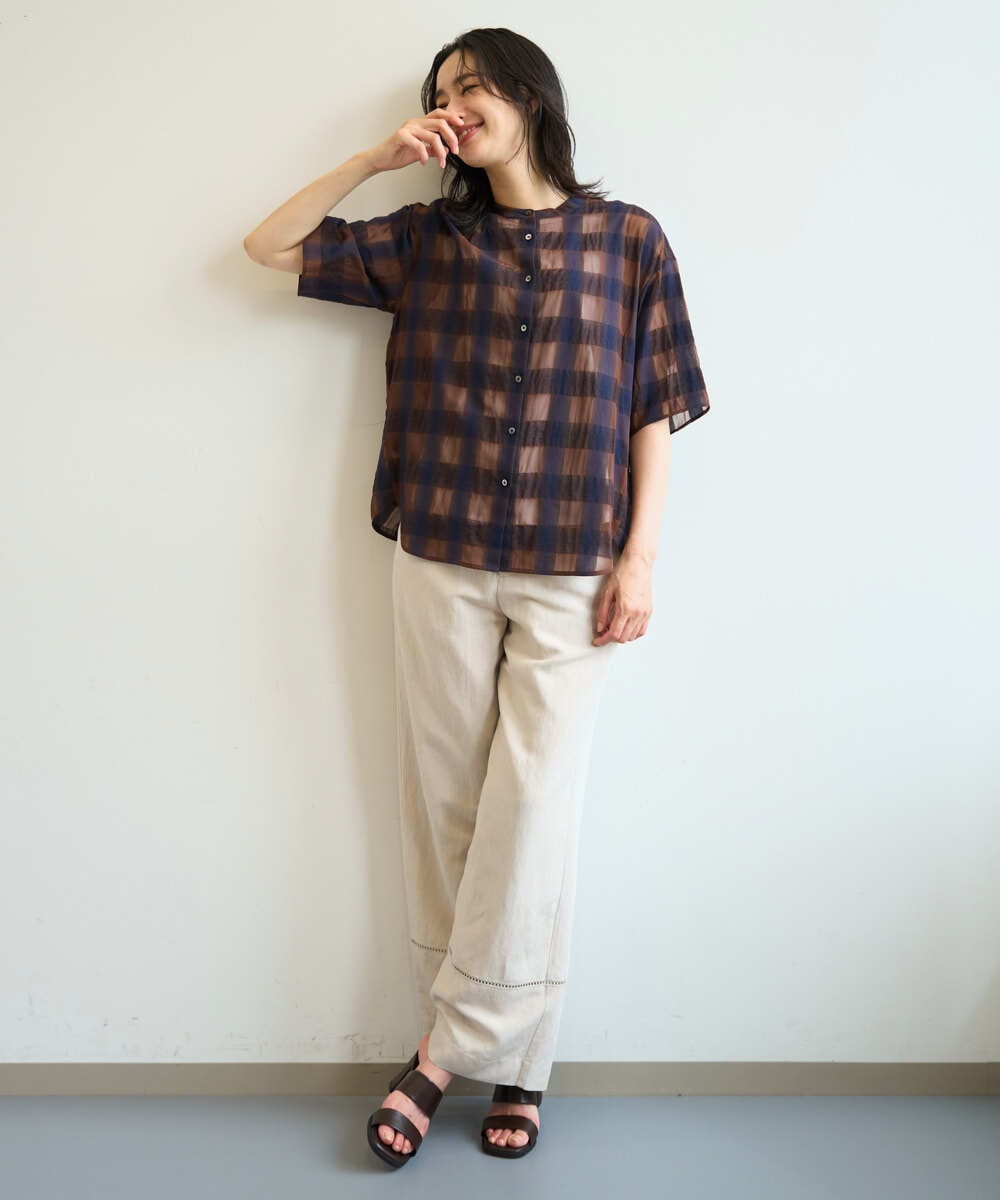 PZBHE63250 GEORGES RECH(ジョルジュ・レッシュ) シアーチェックバンドカラーブラウス ブラウン系