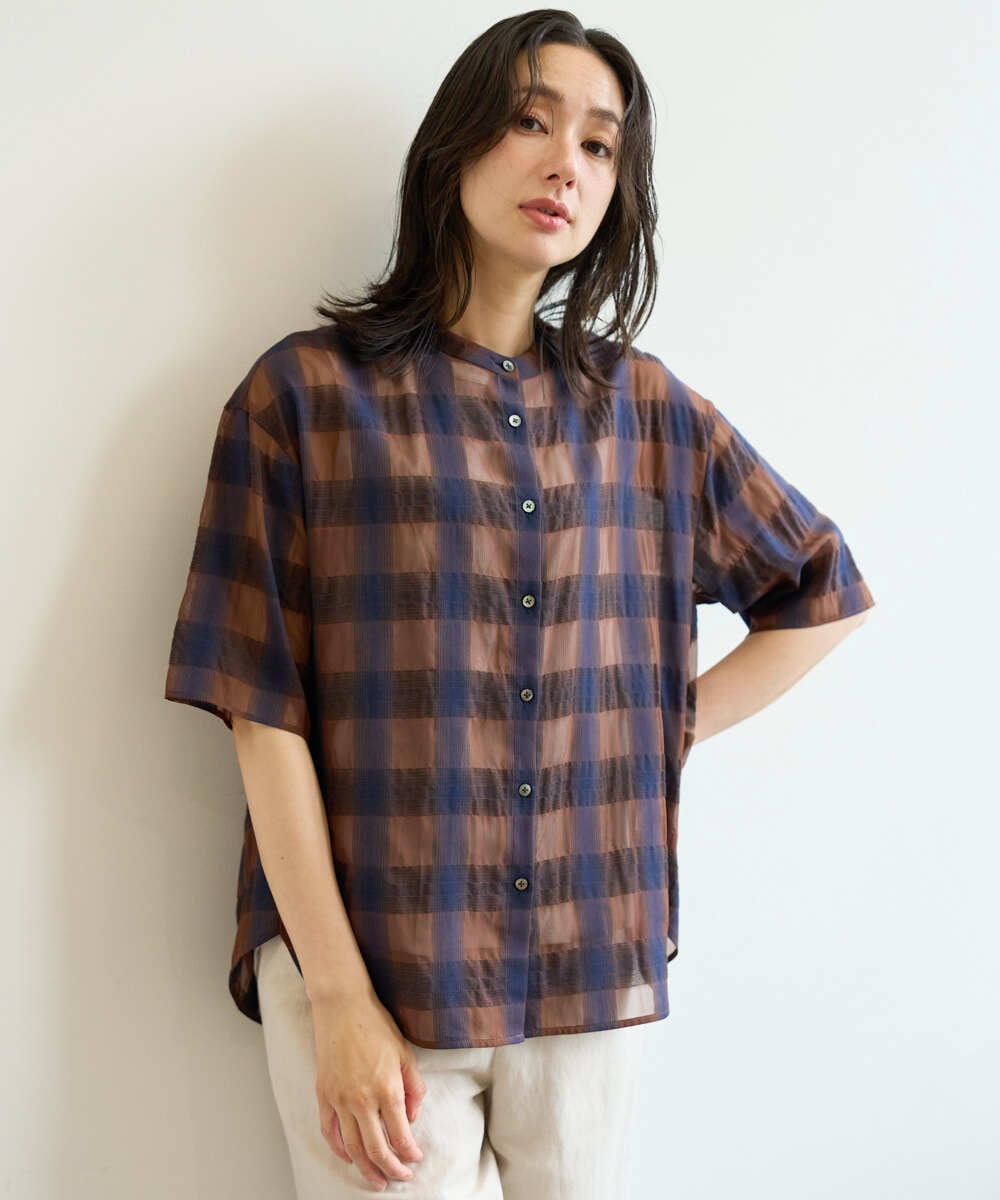 PZBHE63250 GEORGES RECH(ジョルジュ・レッシュ) シアーチェックバンドカラーブラウス ブラウン系