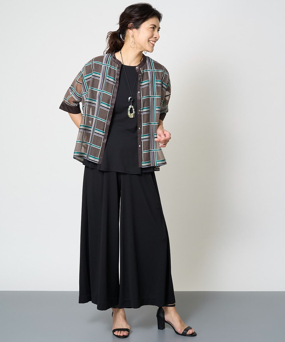 PZBHW01390 GEORGES RECH(ジョルジュ・レッシュ) [セットアップ対応]グラフィカルチェックシースルーブラウス ブラウン系