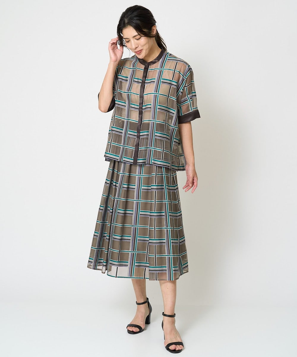 PZBHW01390 GEORGES RECH(ジョルジュ・レッシュ) [セットアップ対応]グラフィカルチェックシースルーブラウス ブラウン系