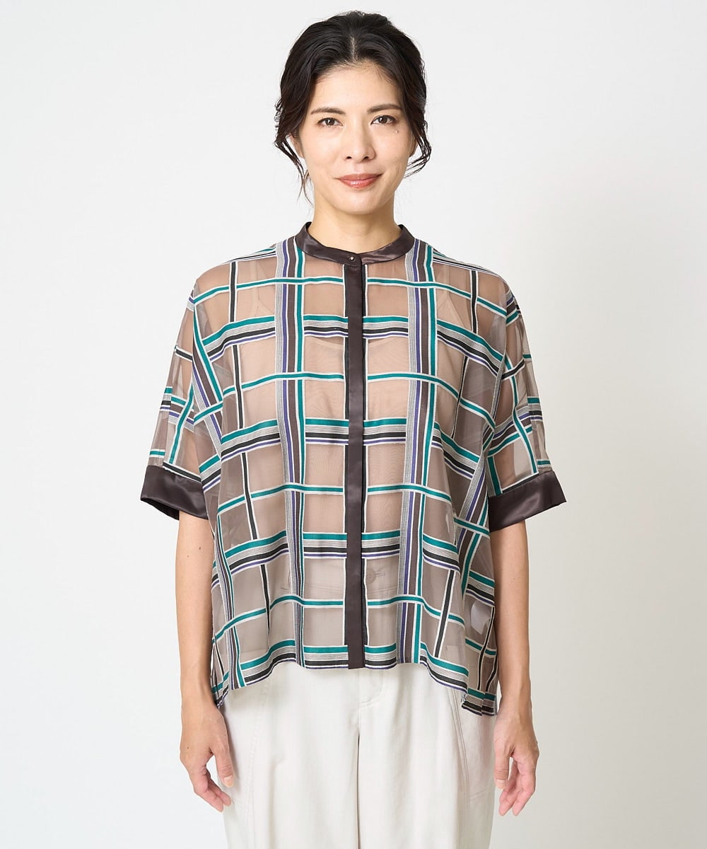 PZBHW01390 GEORGES RECH(ジョルジュ・レッシュ) [セットアップ対応]グラフィカルチェックシースルーブラウス ブラウン系