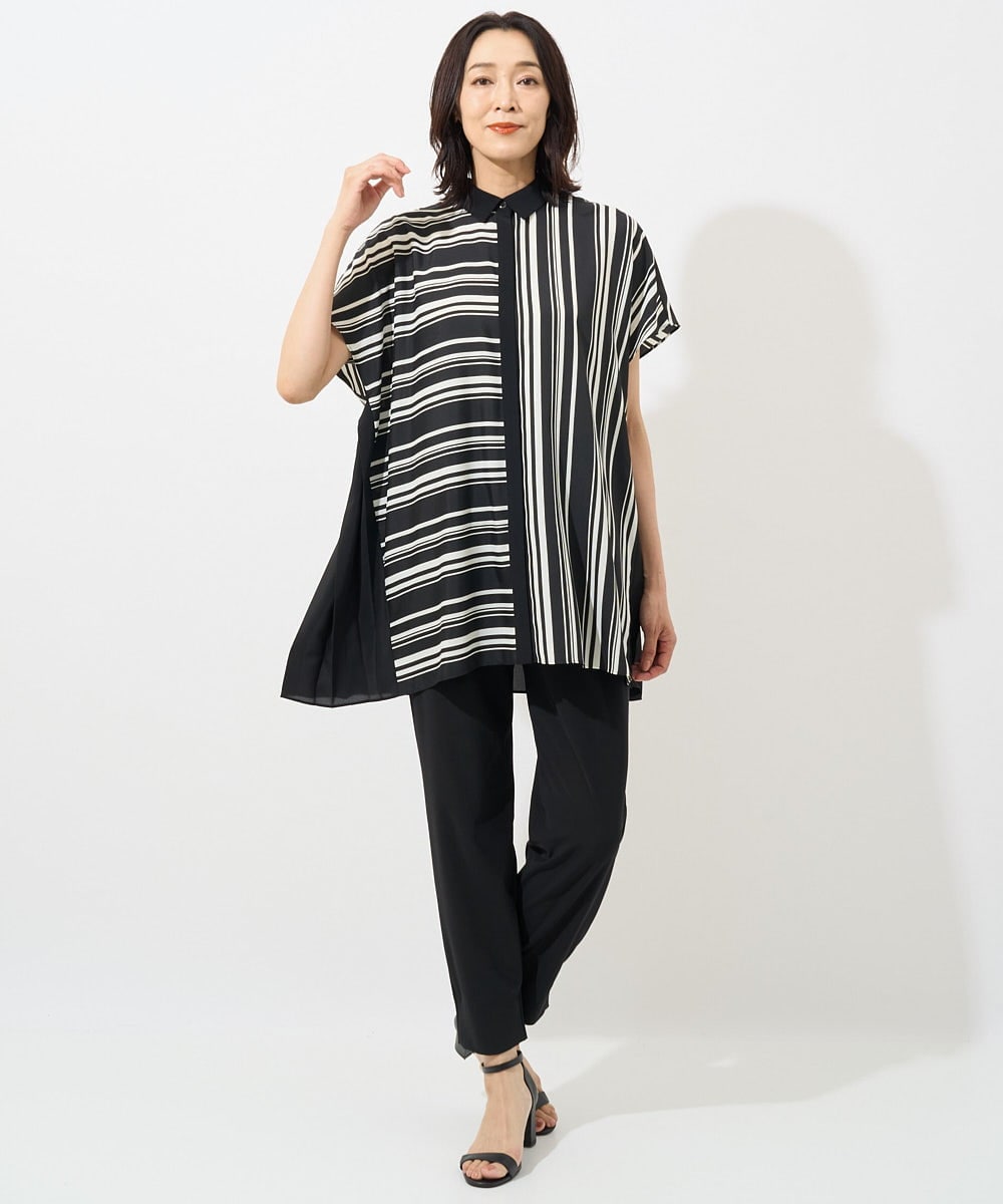 PZBHW34360 GEORGES RECH(ジョルジュ・レッシュ)  [セットアップ対応]ランダムストライプバックプリーツブラウス ブラック系