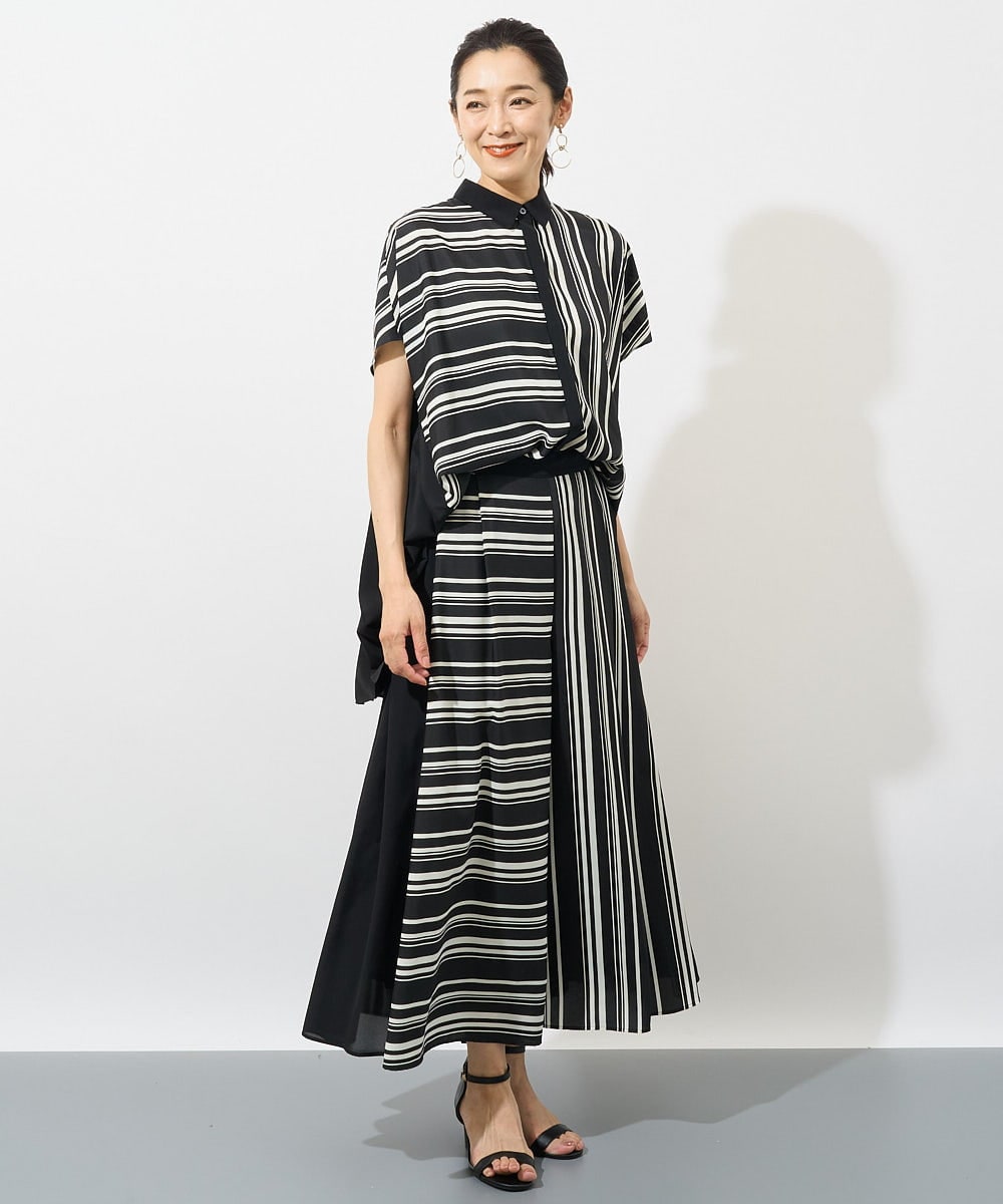 PZBHW34360 GEORGES RECH(ジョルジュ・レッシュ)  [セットアップ対応]ランダムストライプバックプリーツブラウス ブラック系