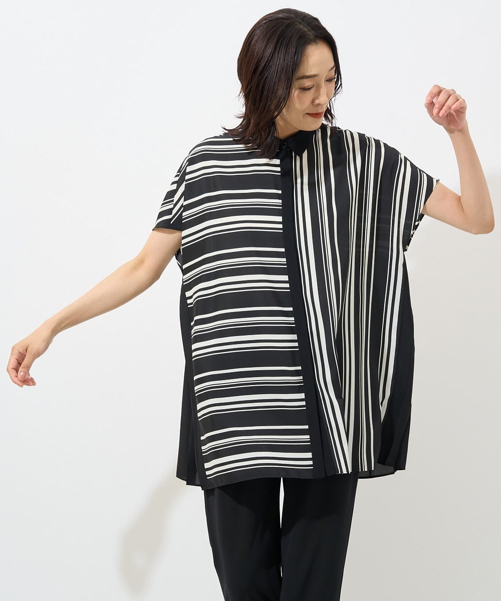 PZBHW34360 GEORGES RECH(ジョルジュ・レッシュ)  [セットアップ対応]ランダムストライプバックプリーツブラウス ブラック系