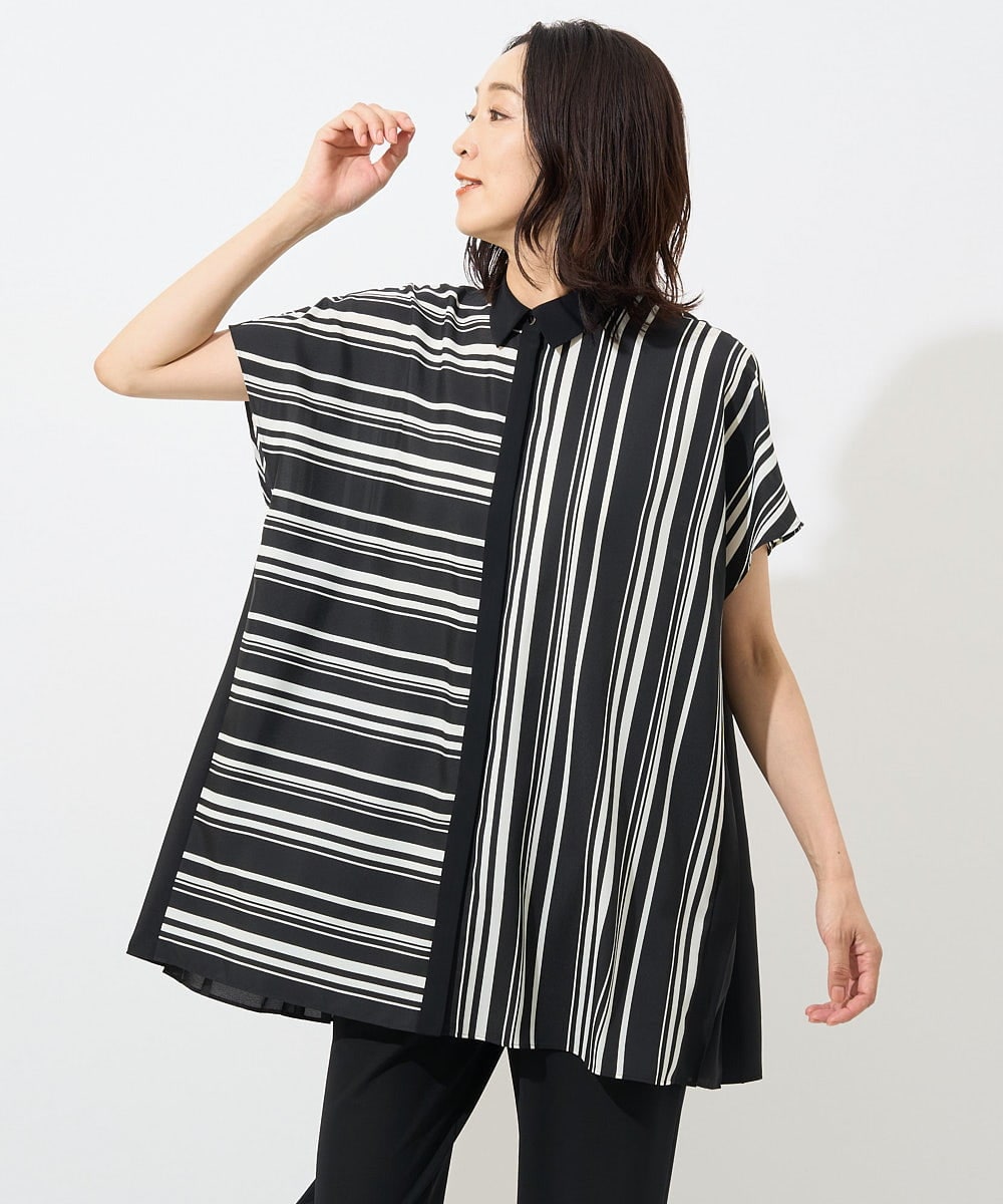 PZBHW34360 GEORGES RECH(ジョルジュ・レッシュ)  [セットアップ対応]ランダムストライプバックプリーツブラウス ブラック系