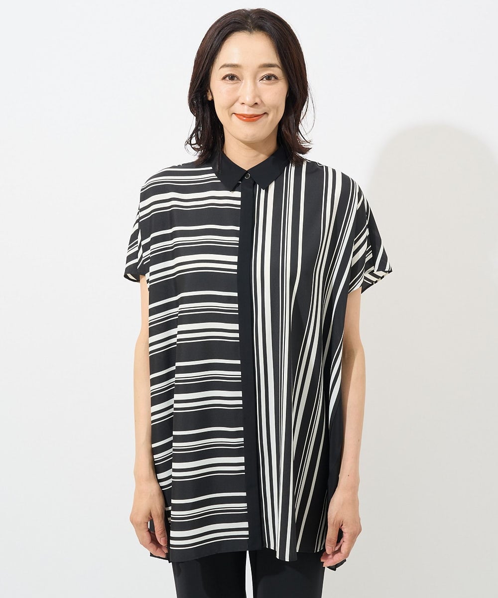 PZBHW34360 GEORGES RECH(ジョルジュ・レッシュ)  [セットアップ対応]ランダムストライプバックプリーツブラウス ブラック系