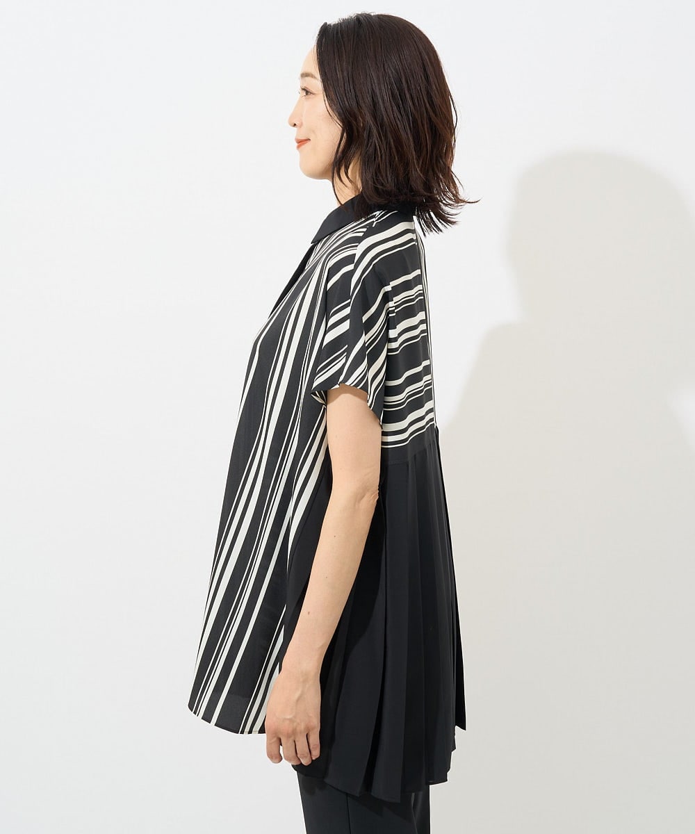 PZBHW34360 GEORGES RECH(ジョルジュ・レッシュ)  [セットアップ対応]ランダムストライプバックプリーツブラウス ブラック系