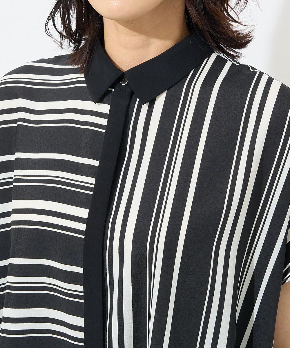 PZBHW34360 GEORGES RECH(ジョルジュ・レッシュ)  [セットアップ対応]ランダムストライプバックプリーツブラウス ブラック系