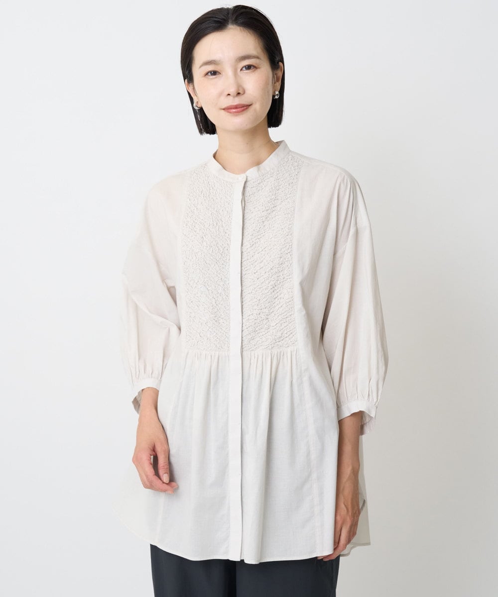 PZBJB26250 GEORGES RECH バンドカラーシャーリングコットン7分袖ブラウス